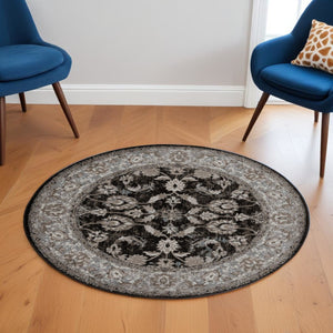 HomeRoots 5' Timeless Ivory, Black & Gray Oriental Area Rug - Durable, Stain-Resistant Elegance for Any Room 6' Round 531839