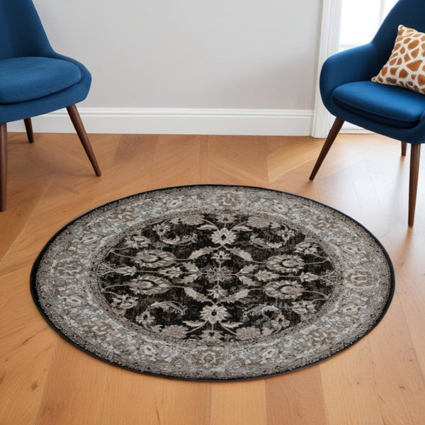 HomeRoots 5' Timeless Ivory, Black & Gray Oriental Area Rug - Durable, Stain-Resistant Elegance for Any Room 6' Round 531839