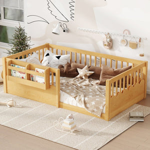 English Elm Twin Low Profile Kids Floor Bed Pine Wood Frame with Safety Rail and Built in Bookshelf Natural W1580P373137
