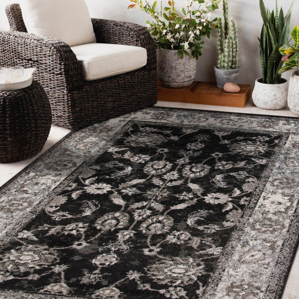 HomeRoots 5' Timeless Ivory, Black & Gray Oriental Area Rug - Durable, Stain-Resistant Elegance for Any Room 8' X 10' 531840