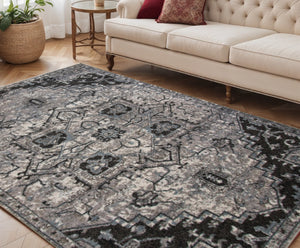 HomeRoots 5' Black and Gray Medallion Area Rug - Contemporary Elegance, Durable Design for Any Living Space 5' X 8' 531846