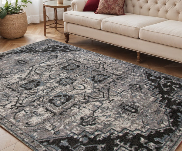 HomeRoots 5' Black and Gray Medallion Area Rug - Contemporary Elegance, Durable Design for Any Living Space 5' X 8' 531846