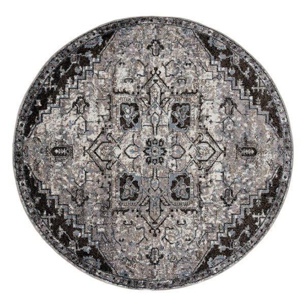 HomeRoots 5' Black and Gray Medallion Area Rug - Contemporary Elegance, Durable Design for Any Living Space 6' Round 531847