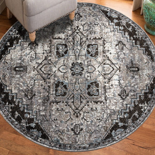 HomeRoots 5' Black and Gray Medallion Area Rug - Contemporary Elegance, Durable Design for Any Living Space 6' Round 531847