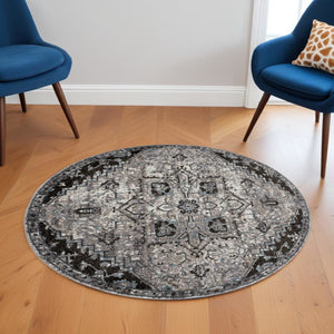 HomeRoots 5' Black and Gray Medallion Area Rug - Contemporary Elegance, Durable Design for Any Living Space 6' Round 531847