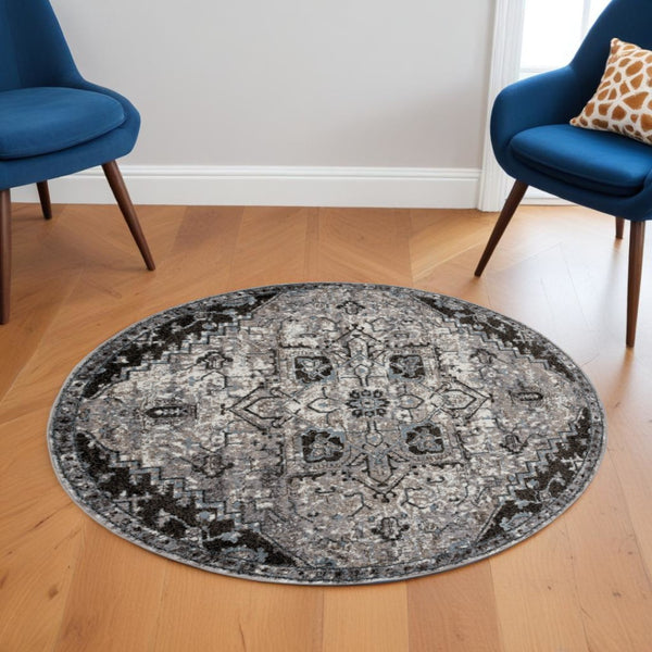 HomeRoots 5' Black and Gray Medallion Area Rug - Contemporary Elegance, Durable Design for Any Living Space 6' Round 531847