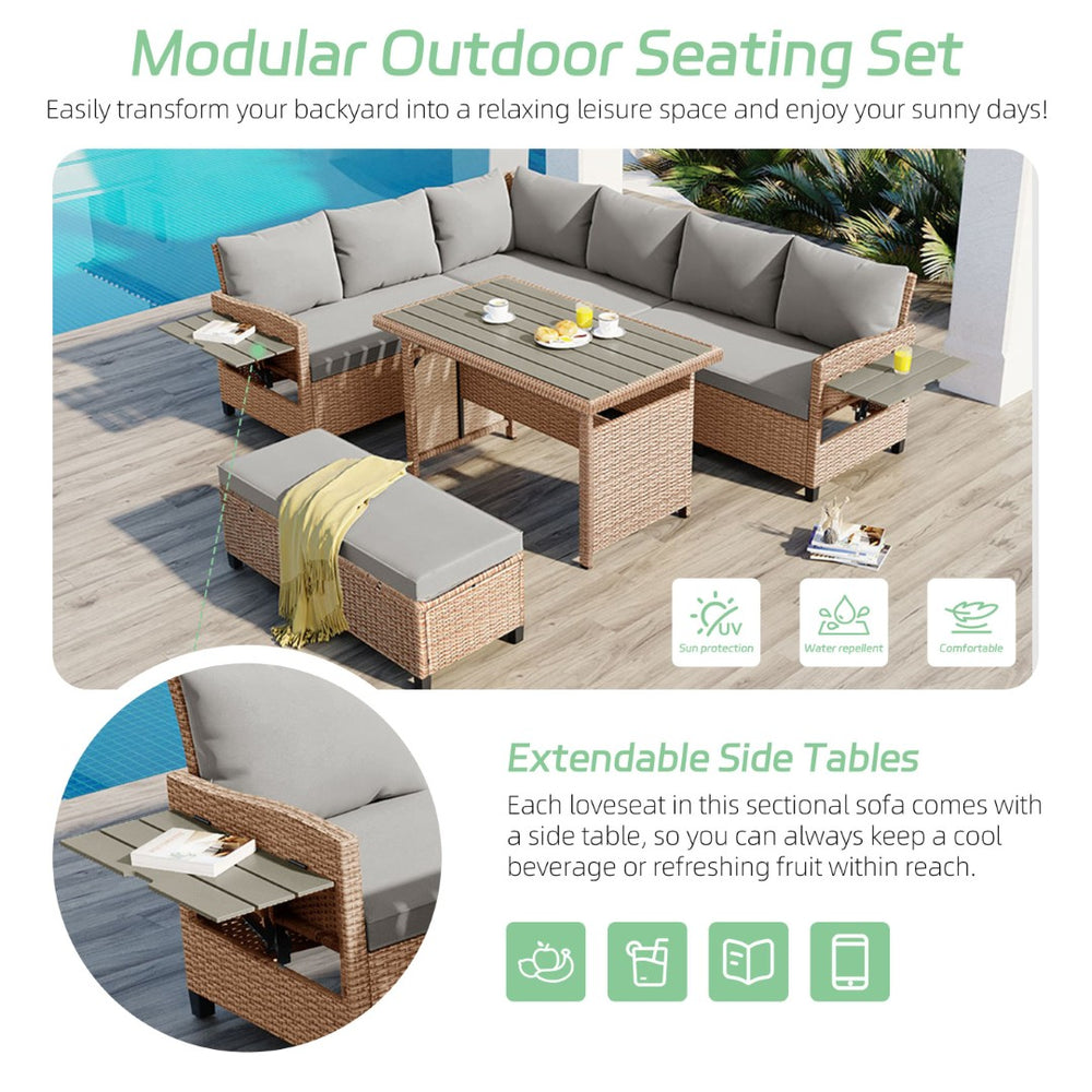 English Elm Tomax Outdoor Pe Wicker Sectional Set Seats 7 with Dining Table and Side Tables N717S100006D