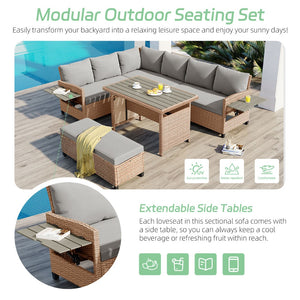 English Elm Tomax Outdoor Pe Wicker Sectional Set Seats 7 with Dining Table and Side Tables N717S100006D