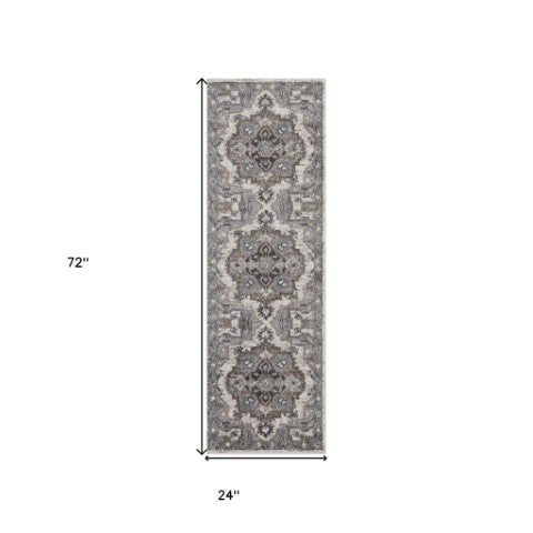 Homeroots 6' Ivory Taupe And Gray Medallion Power Loom Runner Rug - Stain Resistant, Stylish, And Durable! 2' X 6' Polypropylene 531851