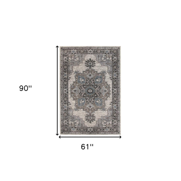 HomeRoots 5' Elegant Ivory Taupe and Gray Medallion Area Rug - Durable, Stain-Resistant Design for Any Space 5' X 8' 531854