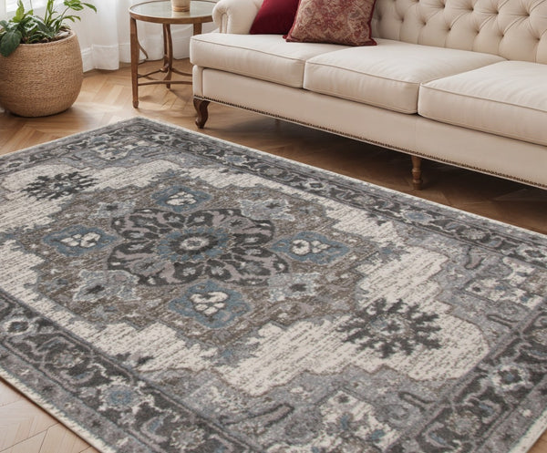 HomeRoots 5' Elegant Ivory Taupe and Gray Medallion Area Rug - Durable, Stain-Resistant Design for Any Space 5' X 8' 531854