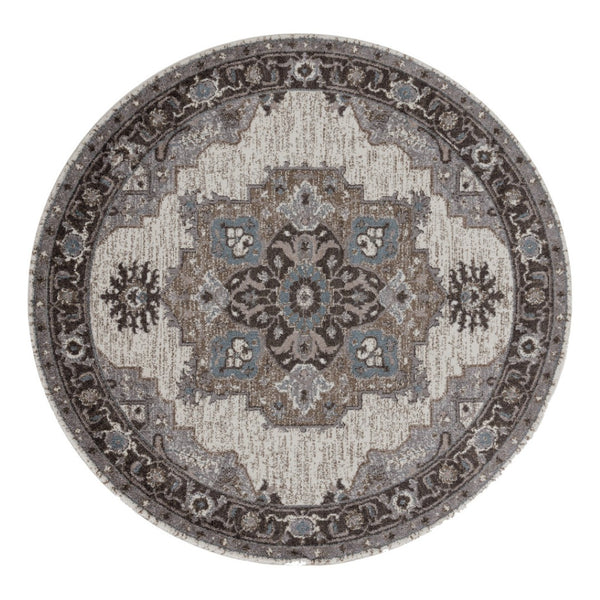 HomeRoots 5' Elegant Ivory Taupe and Gray Medallion Area Rug - Durable, Stain-Resistant Design for Any Space 6' Round Round 531855