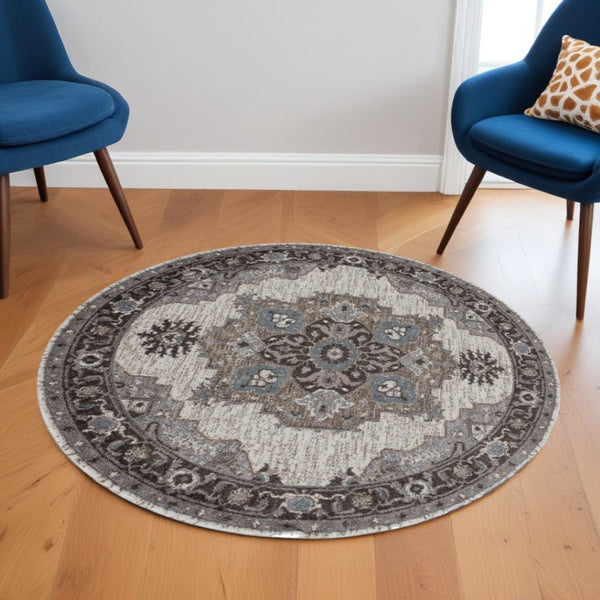 HomeRoots 5' Elegant Ivory Taupe and Gray Medallion Area Rug - Durable, Stain-Resistant Design for Any Space 6' Round Round 531855