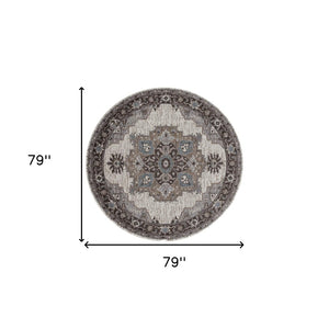 HomeRoots 5' Elegant Ivory Taupe and Gray Medallion Area Rug - Durable, Stain-Resistant Design for Any Space 6' Round Round 531855