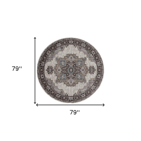 HomeRoots 5' Elegant Ivory Taupe and Gray Medallion Area Rug - Durable, Stain-Resistant Design for Any Space 6' Round Round 531855