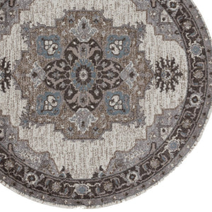 HomeRoots 5' Elegant Ivory Taupe and Gray Medallion Area Rug - Durable, Stain-Resistant Design for Any Space 6' Round Round 531855