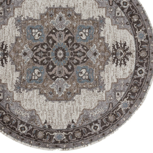 HomeRoots 5' Elegant Ivory Taupe and Gray Medallion Area Rug - Durable, Stain-Resistant Design for Any Space 6' Round Round 531855