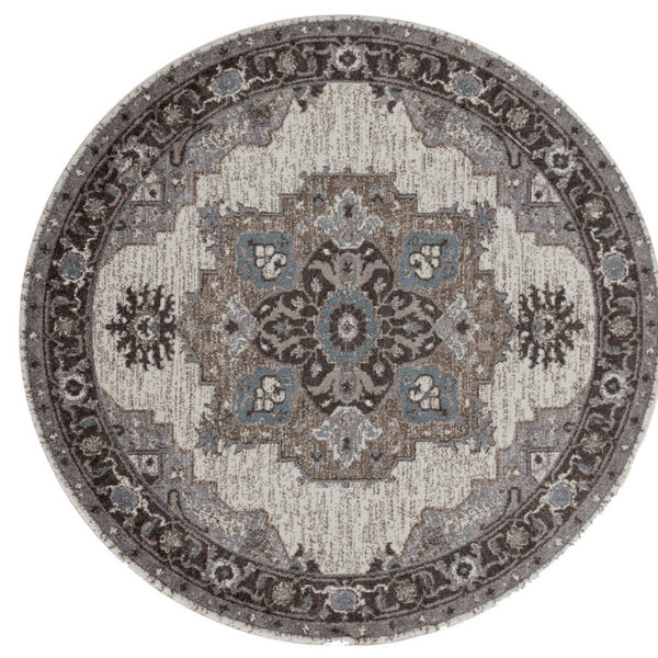 HomeRoots 5' Elegant Ivory Taupe and Gray Medallion Area Rug - Durable, Stain-Resistant Design for Any Space 6' Round Round 531855