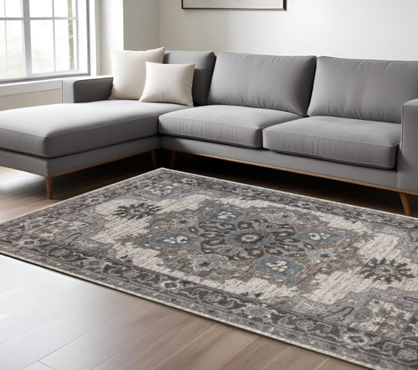 HomeRoots 5' Elegant Ivory Taupe and Gray Medallion Area Rug - Durable, Stain-Resistant Design for Any Space 8' X 10' 531856