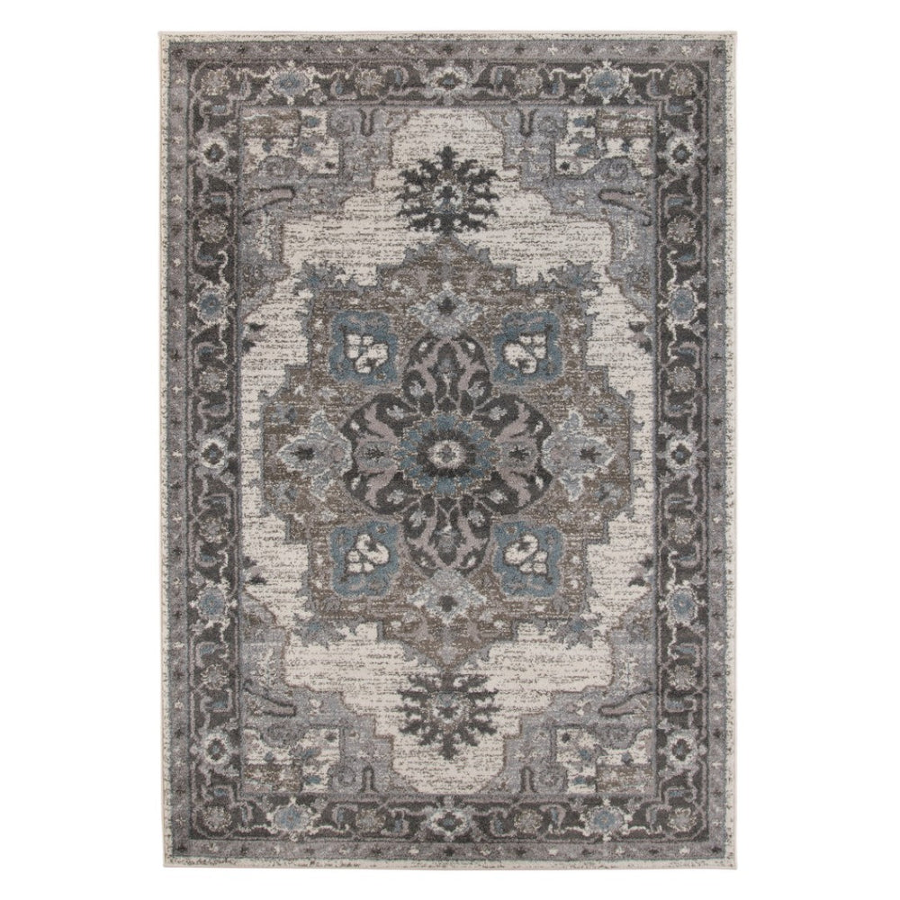 HomeRoots 5' Elegant Ivory Taupe and Gray Medallion Area Rug - Durable, Stain-Resistant Design for Any Space 9' X 12' 531857