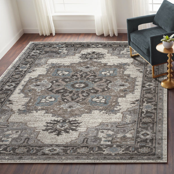 HomeRoots 5' Elegant Ivory Taupe and Gray Medallion Area Rug - Durable, Stain-Resistant Design for Any Space 9' X 12' 531857