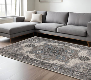 HomeRoots 5' Elegant Ivory Taupe and Gray Medallion Area Rug - Durable, Stain-Resistant Design for Any Space 9' X 12' 531857