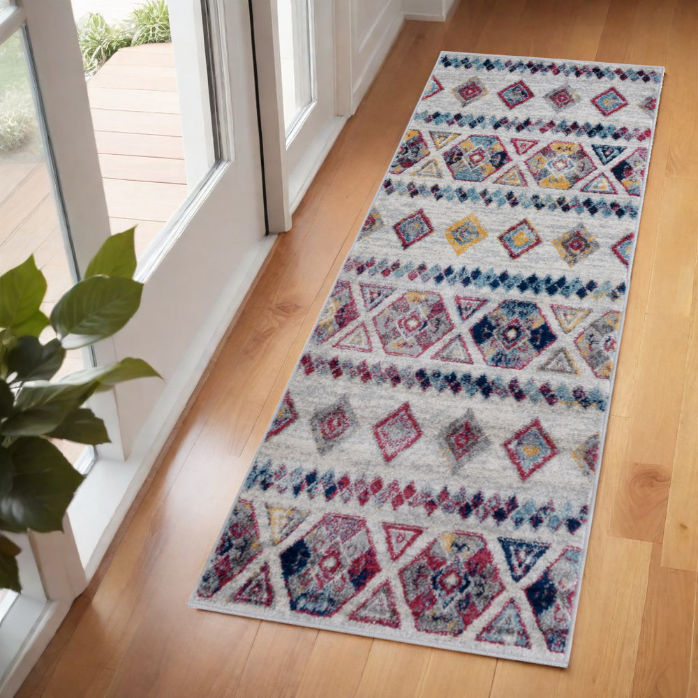 Homeroots 6' Ivory Blue And Orange Geometric Power Loom Runner Rug - Stylish, Stain Resistant For Any Room 2' X 6' Polypropylene 531859
