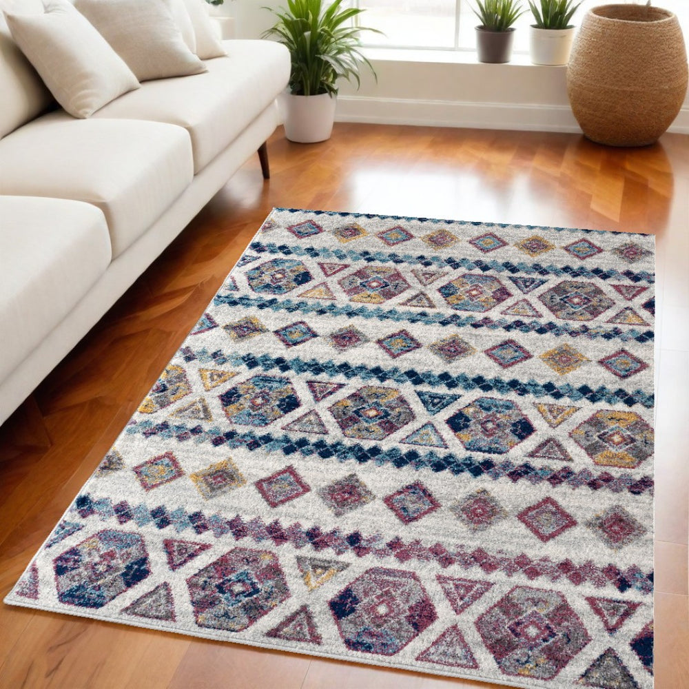 HomeRoots 5' Geometric Area Rug in Ivory, Blue, and Orange - Modern Design for Comfort and Style in Any Room 5' X 8' 531862