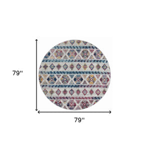 Homeroots 6' Ivory Blue And Orange Geometric Power Loom Round Rug  Polypropylene 531863