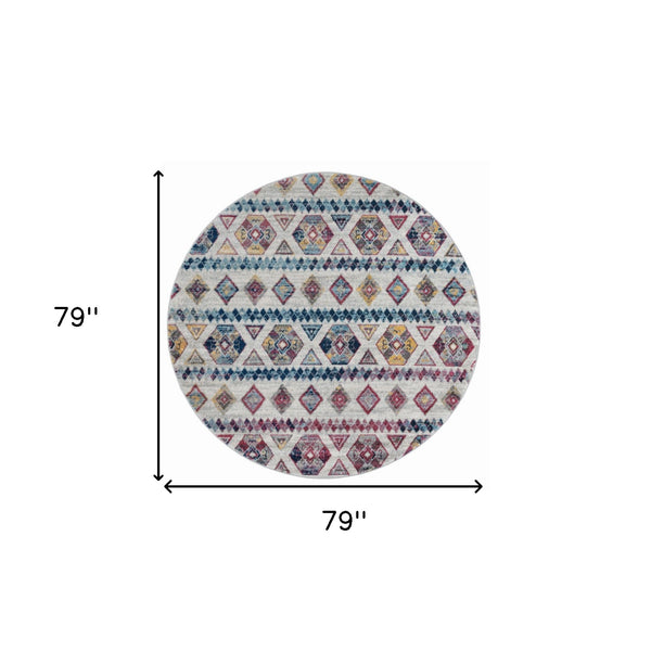 Homeroots 6' Ivory Blue And Orange Geometric Power Loom Round Rug  Polypropylene 531863