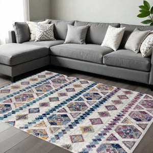HomeRoots 5' Geometric Area Rug in Ivory, Blue, and Orange - Modern Design for Comfort and Style in Any Room 8' X 10' 531864