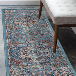 Homeroots 6' Ivory Blue And Orange Medallion Power Loom Runner Rug - Stain Resistant, Stylish, Kid & Pet Friendly 2' X 6' Polypropylene 531867