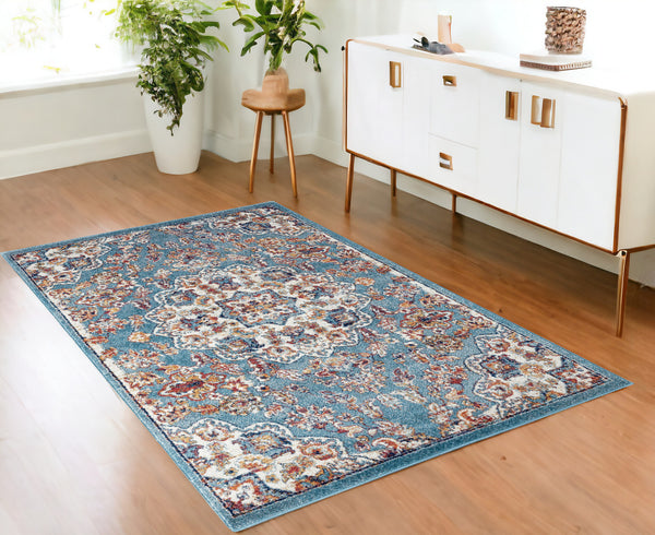 Homeroots 4' X 6' Ivory Blue And Orange Medallion Power Loom Area Rug  Polypropylene 531868