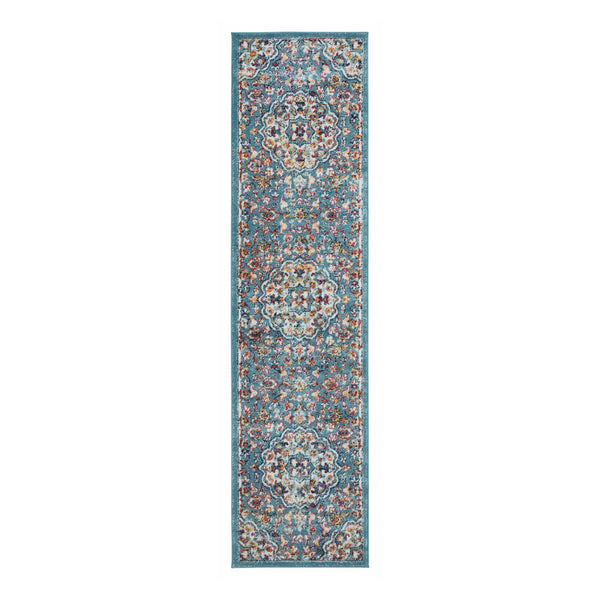 Homeroots 10' Ivory Blue And Orange Medallion Power Loom Runner Rug  Polypropylene 531869