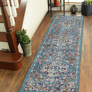 Homeroots 10' Ivory Blue And Orange Medallion Power Loom Runner Rug  Polypropylene 531869