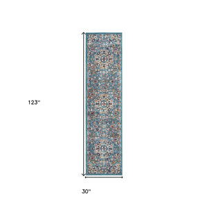 Homeroots 10' Ivory Blue And Orange Medallion Power Loom Runner Rug  Polypropylene 531869