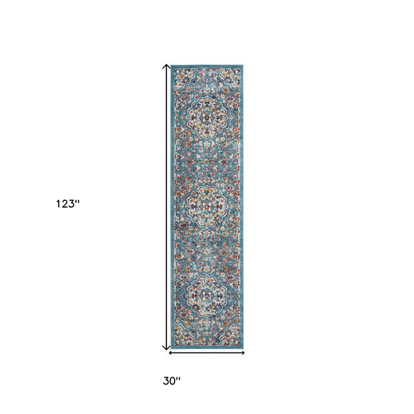 Homeroots 10' Ivory Blue And Orange Medallion Power Loom Runner Rug  Polypropylene 531869