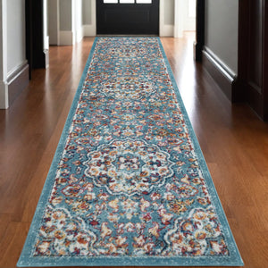 Homeroots 10' Ivory Blue And Orange Medallion Power Loom Runner Rug  Polypropylene 531869