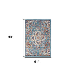Homeroots 5' X 8' Ivory Blue And Orange Medallion Power Loom Area Rug  Polypropylene 531870