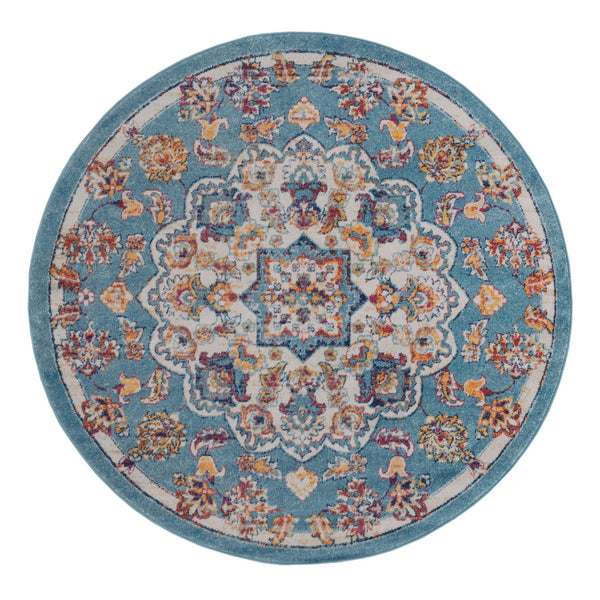 Homeroots 6' Ivory Blue And Orange Medallion Power Loom Round Rug  Polypropylene 531871