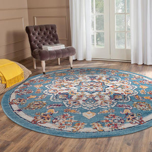 Homeroots 6' Ivory Blue And Orange Medallion Power Loom Round Rug  Polypropylene 531871