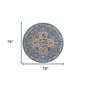 Homeroots 6' Ivory Blue And Orange Medallion Power Loom Round Rug  Polypropylene 531871