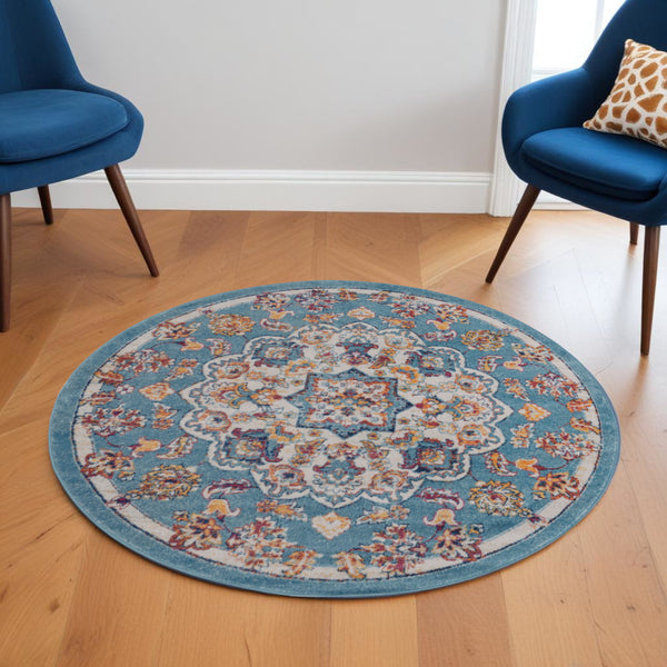 Homeroots 6' Ivory Blue And Orange Medallion Power Loom Round Rug  Polypropylene 531871