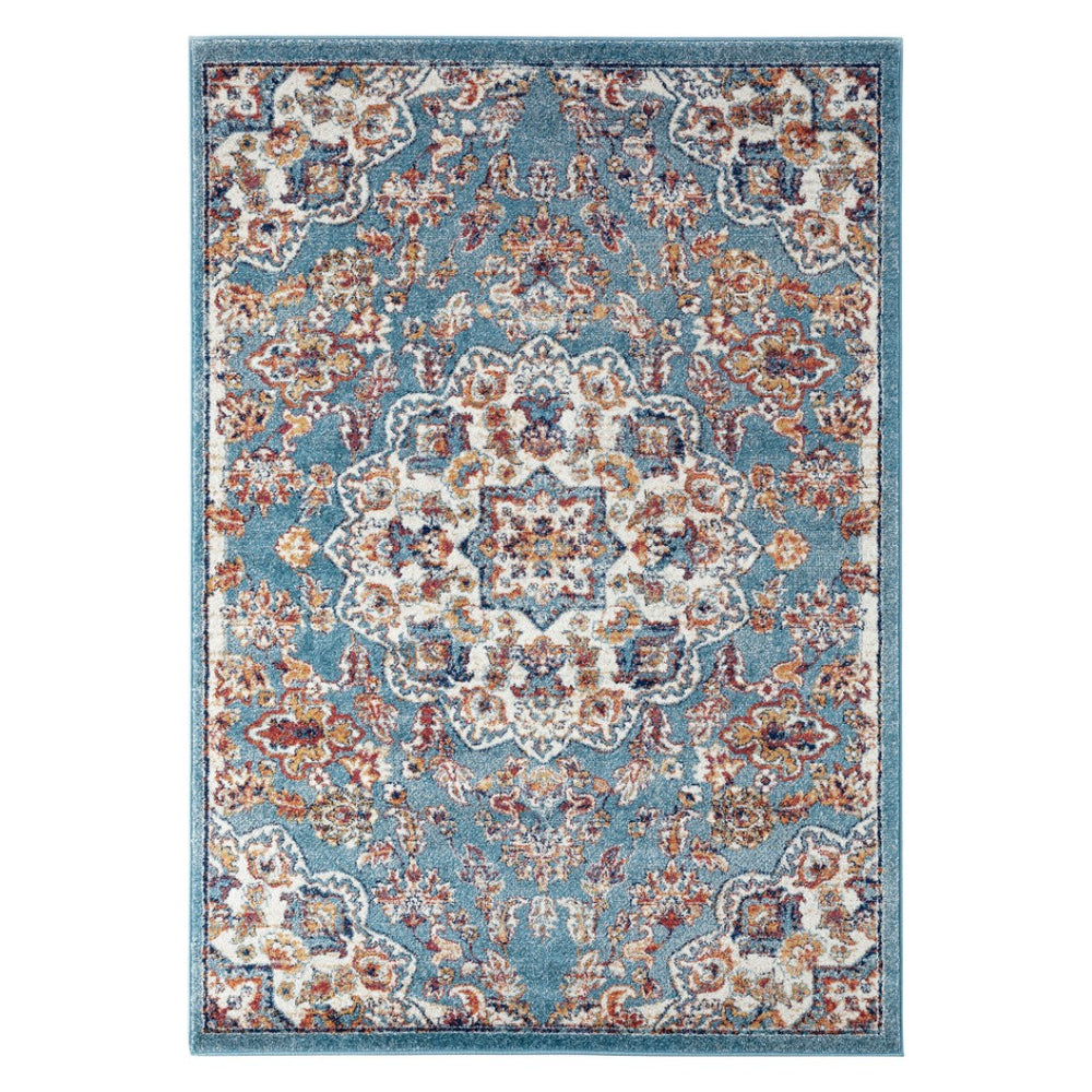 HomeRoots 5' Ivory Blue and Orange Medallion Area Rug - Durable, Stain-Resistant, Contemporary Style for Any Room 9' X 12' 531873