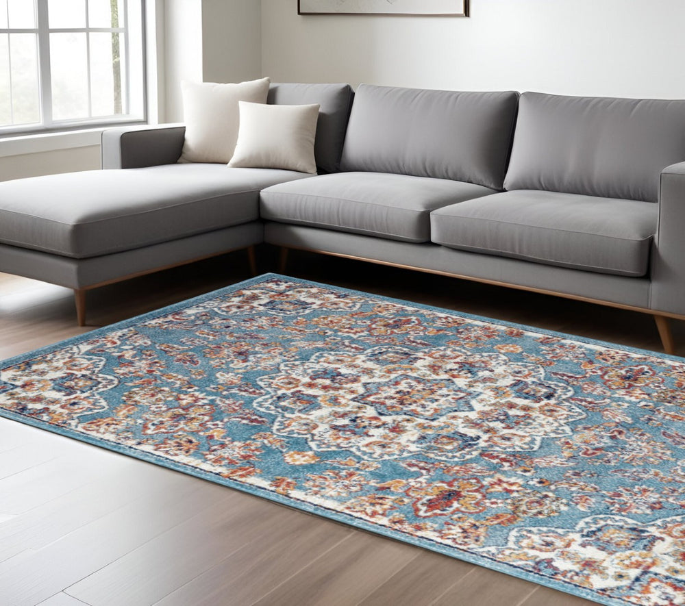 HomeRoots 5' Ivory Blue and Orange Medallion Area Rug - Durable, Stain-Resistant, Contemporary Style for Any Room 9' X 12' 531873