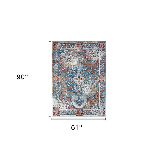 HomeRoots 5' Striking Medallion Area Rug in Blue, Red, and Orange - Durable, Pet-Friendly Design for Any Room 5' X 8' 531878