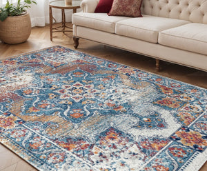 HomeRoots 5' Striking Medallion Area Rug in Blue, Red, and Orange - Durable, Pet-Friendly Design for Any Room 5' X 8' 531878