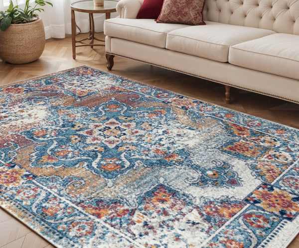 HomeRoots 5' Striking Medallion Area Rug in Blue, Red, and Orange - Durable, Pet-Friendly Design for Any Room 5' X 8' 531878