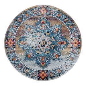 HomeRoots 5' Striking Medallion Area Rug in Blue, Red, and Orange - Durable, Pet-Friendly Design for Any Room 6' Round 531879