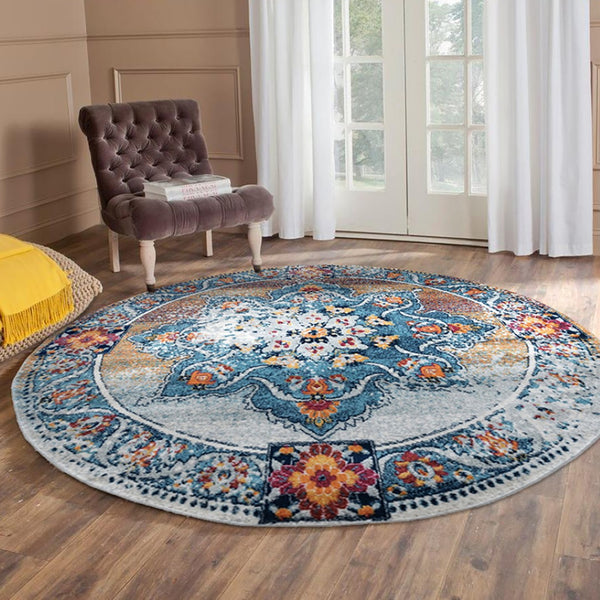 HomeRoots 5' Striking Medallion Area Rug in Blue, Red, and Orange - Durable, Pet-Friendly Design for Any Room 6' Round 531879